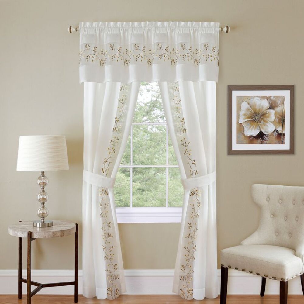 5-Piece Light Filtering Floral Semi-Sheer Window Curtain Set - Includes Split